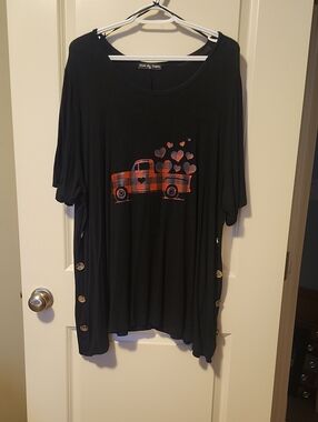 Kim & Cami Black Short Sleeve Tee with Red Plaid Truck Graphic